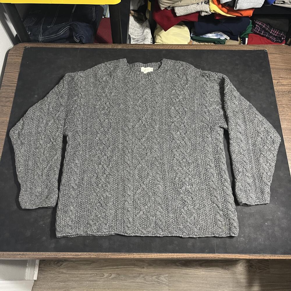 J.Crew Wool Sweater Mens Medium Gray Vintage Cable Knit Crewneck Heavy Pullover